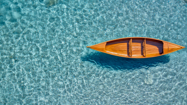 Aerial view of pristine wooden canoe gently floating on crystal clear turquoise waters, showcasing tranquil summer reflections and sunny ripples