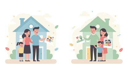 Smiling families standing proudly by their homes holding precious photos