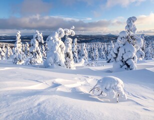 Snowy landscape with snow-covered trees under a bright sky