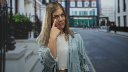 Fototapeta premium Young woman in denim shirt and white tanktop pointing finger toward camera on an urban street; highlight confidence.