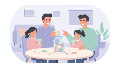Happy family putting notes into a jar Parents and kids bonding at home creating memories