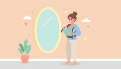 Smiling mother carries sleeping baby in a front carrier reflecting warmth and maternal bond in a cozy home
