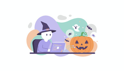 Witch coding Halloween pumpkin bats and ghosts illustration Spooky tech development