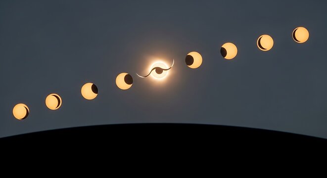 Progression of a Solar Eclipse Over a Dark Horizon.