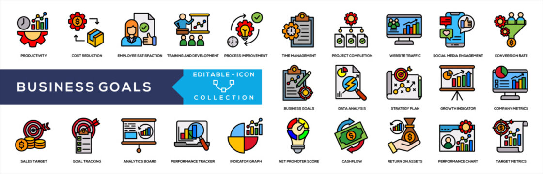 Business Goals Lineal Color Icon Collection. Containing cost reduction, employee satisfaction, training development, process improvement, time management