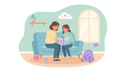Mother and daughter bonding over a storybook on a sofa depicting love family and education
