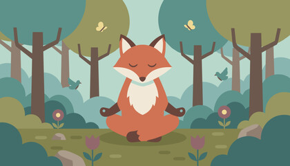 Peaceful fox meditating in a serene forest embodying mindfulness and natures calm