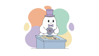 Cute ghost in a top hat stamping a document at a desk symbolizing approval or digital service