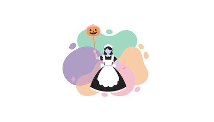 Halloween maid holding a glowing pumpkin staff abstract background Festive holiday fun concept