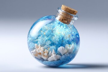 Round glass bottle with blue crystals coral  shells Cork stopper on a white backdrop