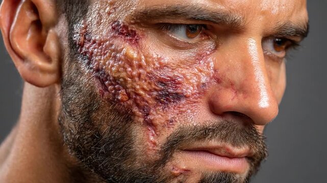 Visible Trauma: A close-up shot revealing a man's face marked by a visible skin injury, with graphic details of open wounds, scars, and the textures of healing.