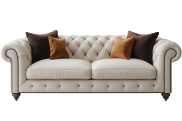 Elegant chesterfield sofa with tufted upholstery and decorative pillows against a studio shot on transparent background