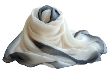 Elegant silk scarf with a delicate gradient design in shades of white and gray on transparent background
