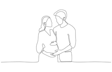 Continuous one line drawing of couple embracing and cherishing the moment of pregnancy, symbolizing warmth, love, and anticipation of new life, single line art