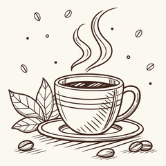 A charming hand drawn sketch of a steaming cup of coffee with scattered coffee beans and fresh green leaves evoking a cozy morning