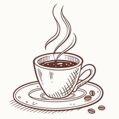 A charming hand drawn sketch of a steaming cup of coffee on a saucer with coffee beans scattered nearby perfect for morning beverage themes
