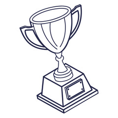 A simple line art drawing of a classic trophy with two handles and a rectangular base featuring a blank plaque for personalization representing achievement and victory