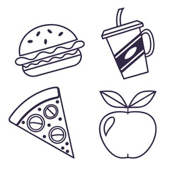 A simple line art illustration featuring a hamburger a soda cup a slice of pizza and an apple perfect for food related designs