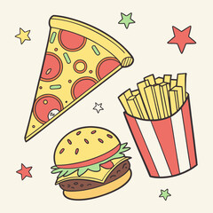 A vibrant and playful illustration featuring a slice of pepperoni pizza a classic cheeseburger and a carton of golden french fries all surrounded by colorful stars on a light cream background