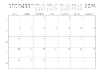 Décembre 2026 Calendrier Mensuel Planificateur avec Numero de Semaine à imprimer A4	