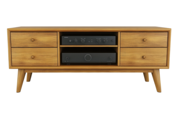 Wooden media console with drawers and audio equipment offers stylish storage and entertainment solution on transparent background