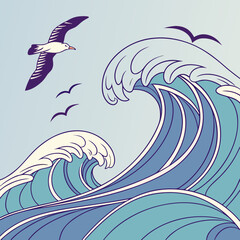 Stylized illustration of powerful blue ocean waves crashing with white foam and seagulls soaring gracefully against a serene pale blue sky