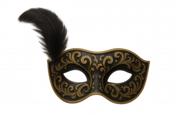 Ornate black and gold venetian masquerade mask with intricate scrollwork and a black feather on a transparent background