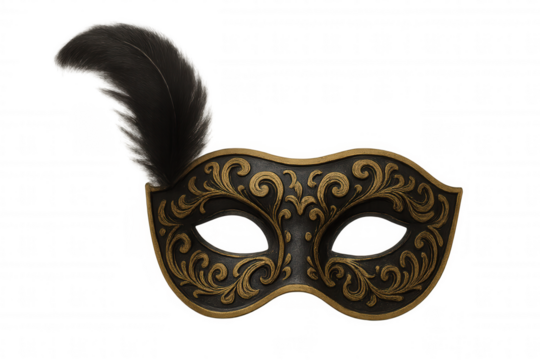 Ornate black and gold venetian masquerade mask with intricate scrollwork and a black feather on a transparent background