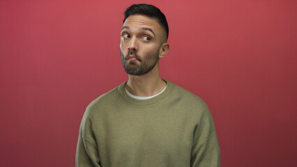 Obraz premium Young hispanic man making a funny face against a vivid red background wearing a casual green sweater, expressing playfulness and humor in a creative portrait setting.