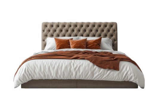 Elegant bed with tufted headboard white linens and rust colored pillows and throw blanket design style on transparent background