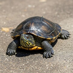 Obraz premium Yellow-bellied Slider Turtle basking in the sun on concrete.