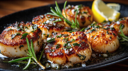 A stunning presentation of perfectly seared scallops garnished with herbs, showcasing exquisite culinary craftsmanship and the essence of gourmet dining.