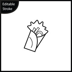 A simple line icon depicting a wrapped item like a burrito, kebab, or shawarma, showing fillings spilling out the top, centered on a white background. This clean, editable stroke.perfect for appearenc