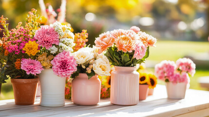 Vibrant and diverse floral arrangements featuring pink dahlias, orange marigolds, and white roses displayed in various vases and pots on rustic outdoor table under warm sunlight.