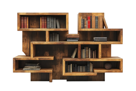 Rustic wooden bookshelf displays vintage books in a unique geometric design for home decor and library styling on transparent background - Powered by Adobe
