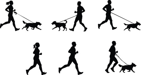 Running silhouettes with dogs, jogging exercise, fitness activity, pet companionship, outdoor workout, healthy lifestyle, human animal bond, sport training, active people illustration