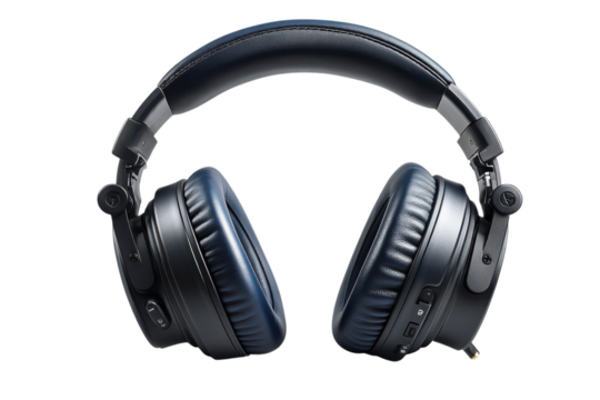 Studio headphones with blue leather earcups and black frame for professional audio monitoring use on transparent background