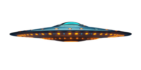Metallic, flying saucer with orange lights and a dome top on black