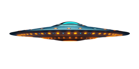 Metallic, flying saucer with orange lights and a dome top on black