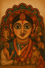 Vibrant indian folk art depicting a goddess with ornate headdress