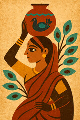 Indian woman carrying water pot on head traditional art