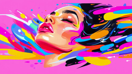 Naklejka premium Vibrant pop art portrait of woman in colorful ecstasy, with dynamic splashes of neon hues creating dreamlike, expressive composition against bright pink background