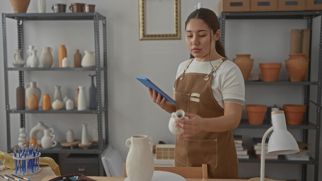 Woman wearing brown apron holds tablet and touches ceramic vase on wooden table in bright studio; craftsmanship passion. - Powered by Adobe
