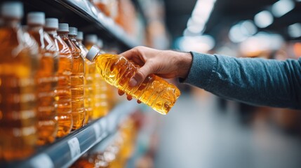 Fototapeta premium Hand reaching for a bottle of oil in a grocery store aisle with multiple options on the shelf