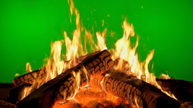 close up of a burning wood on green background