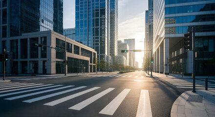 Serene city street scene captured in the soft glow of a sunday morning light on modern architecture.