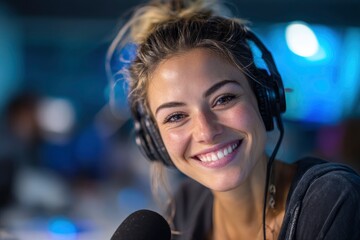 Smiling woman with headphones fair skin light brown hair in bun recording studio with microphone