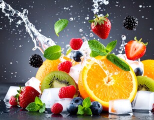 Vibrant assortment of fresh fruit, submerged in a dynamic water splash, interspersed with ice cubes