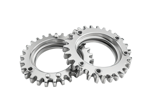 Interlocking gears form an infinity symbol, rendered in shiny metal