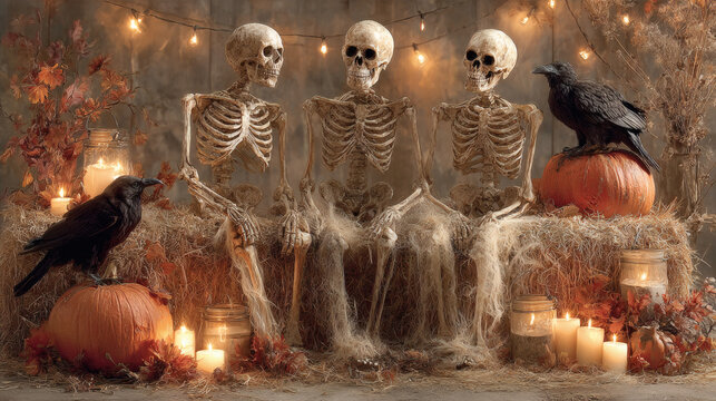Three skeletons sitting together surrounded by pumpkins and candles on Halloween night.